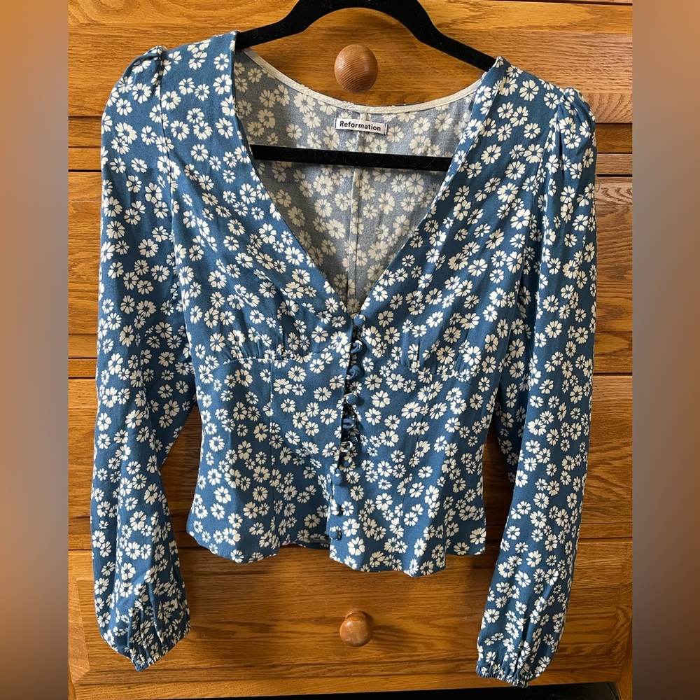 Reformation Blue Floral Button-Front Blouse